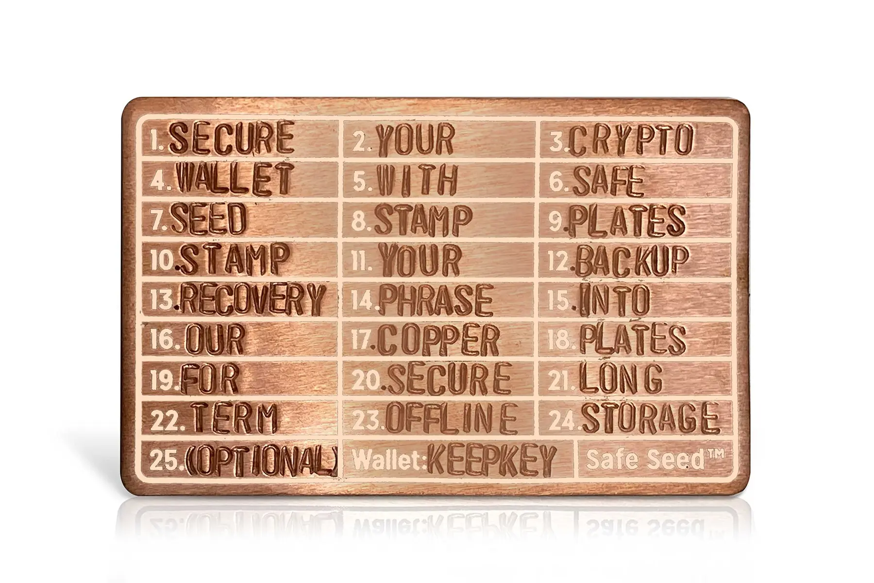 A copper metal seed phrase backup plate with stamped words for cryptocurrency wallet recovery.