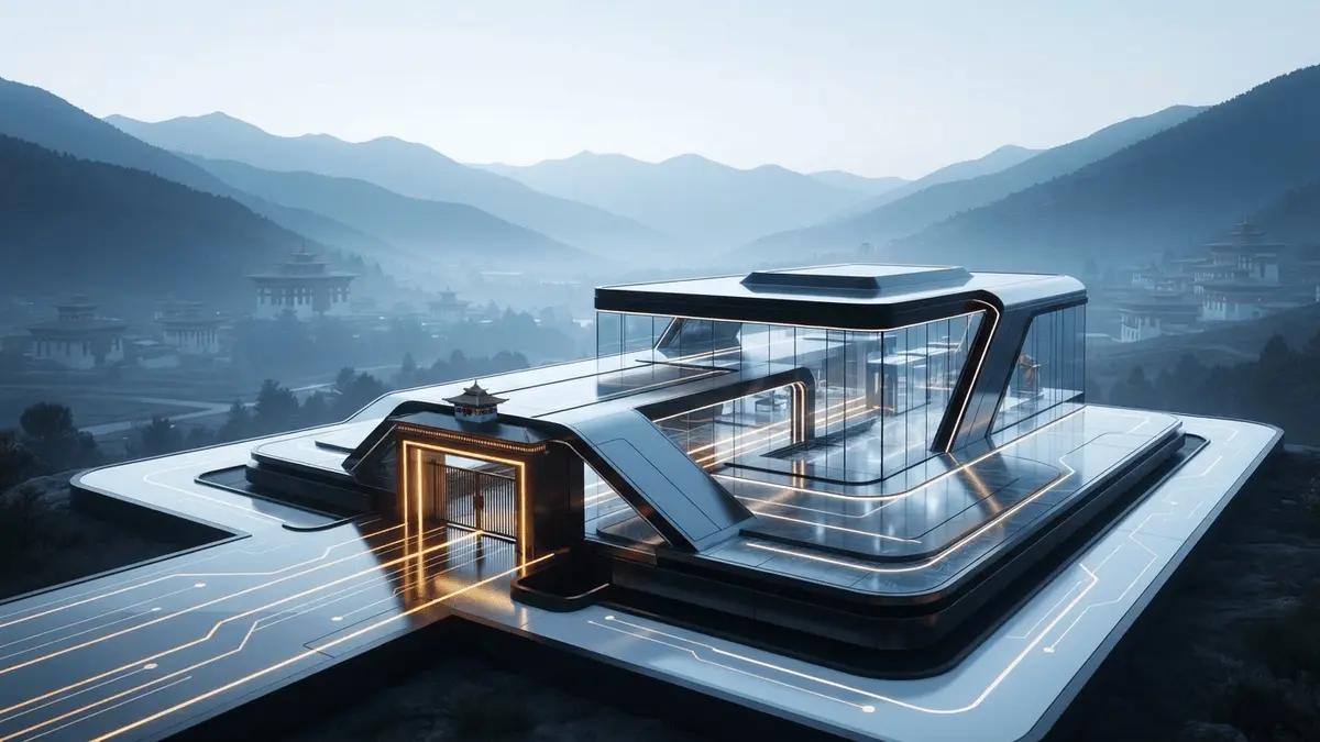 Digital asset infrastructure concept in Bhutan’s Himalayan landscape for a Gelephu licence bid