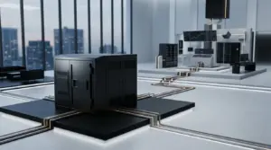 Abstract institutional crypto trading and custody infrastructure with black vaults and orange market connections