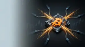 Abstract Bitcoin ETF capital flows converging into a dominant orange Bitcoin market centerpiece
