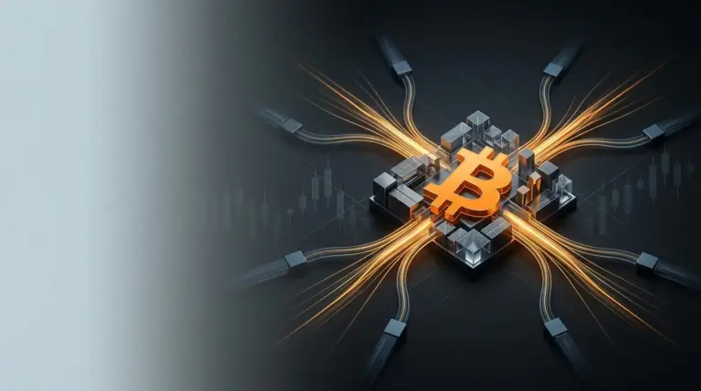Abstract Bitcoin ETF capital flows converging into a dominant orange Bitcoin market centerpiece