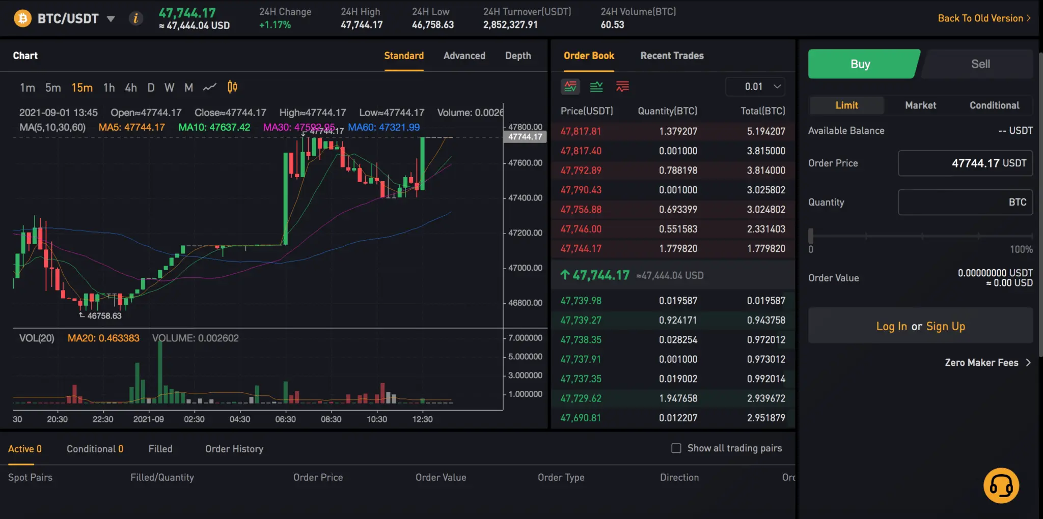 Bybit cryptocurrency exchange trading interface showing a BTC/USDT candlestick chart and order book