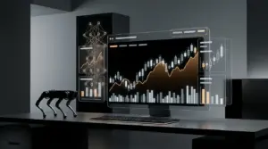 Abstract trading interface with a quadruped robot and AI technology symbolizing private-company perpetuals