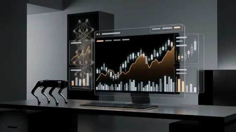 Abstract trading interface with a quadruped robot and AI technology symbolizing private-company perpetuals