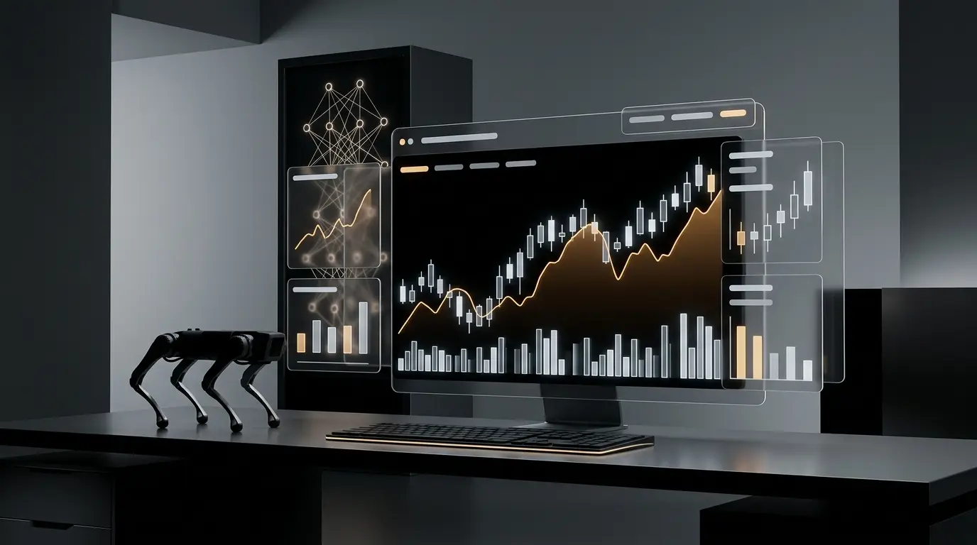 Abstract trading interface with a quadruped robot and AI technology symbolizing private-company perpetuals