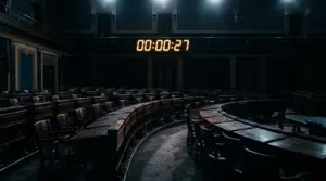Senate chamber floor with dramatic lighting and glowing countdown clock in orange-gold tones