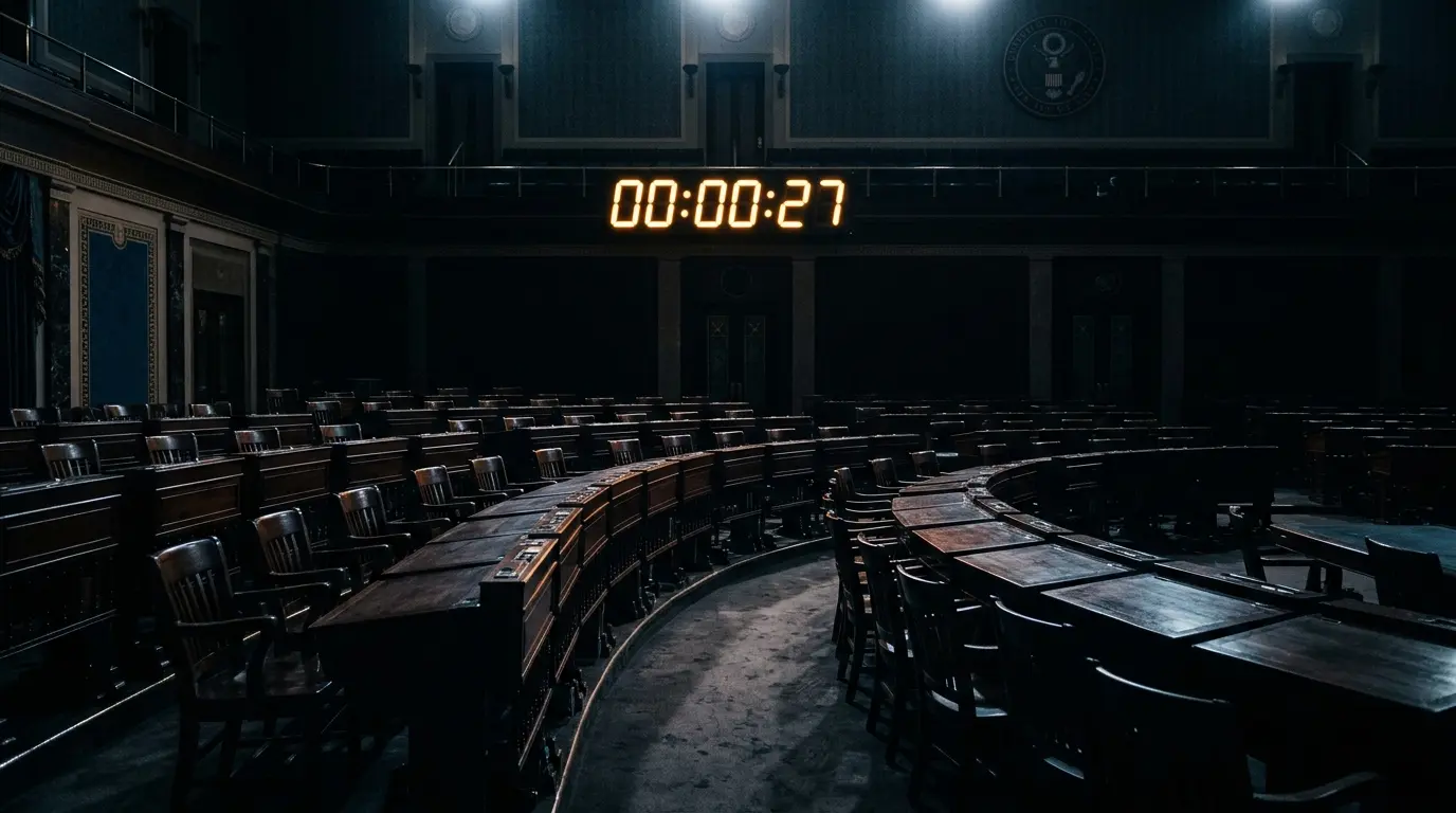 Senate chamber floor with dramatic lighting and glowing countdown clock in orange-gold tones