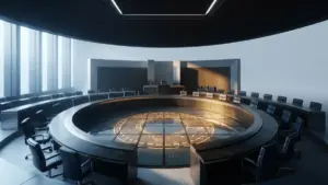 Senate chamber with a glowing blockchain motif representing negotiations over crypto regulation