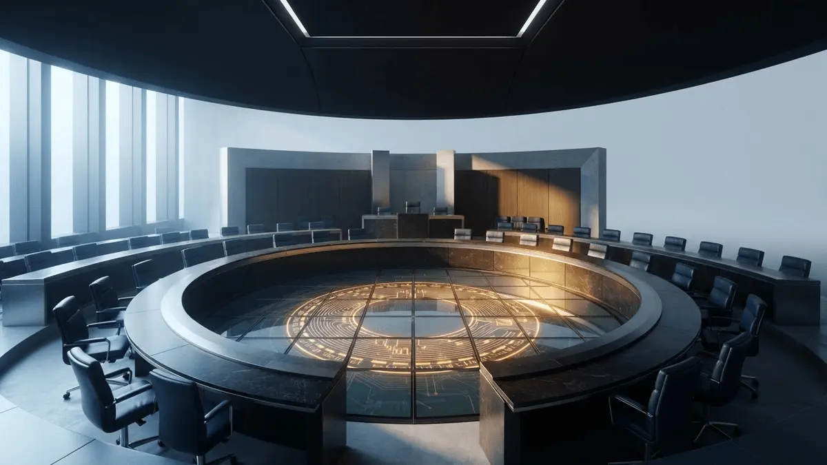 Senate chamber with a glowing blockchain motif representing negotiations over crypto regulation