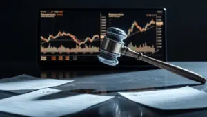 Frozen gavel above trading terminal symbolizing regulatory challenge to Bitcoin options approval