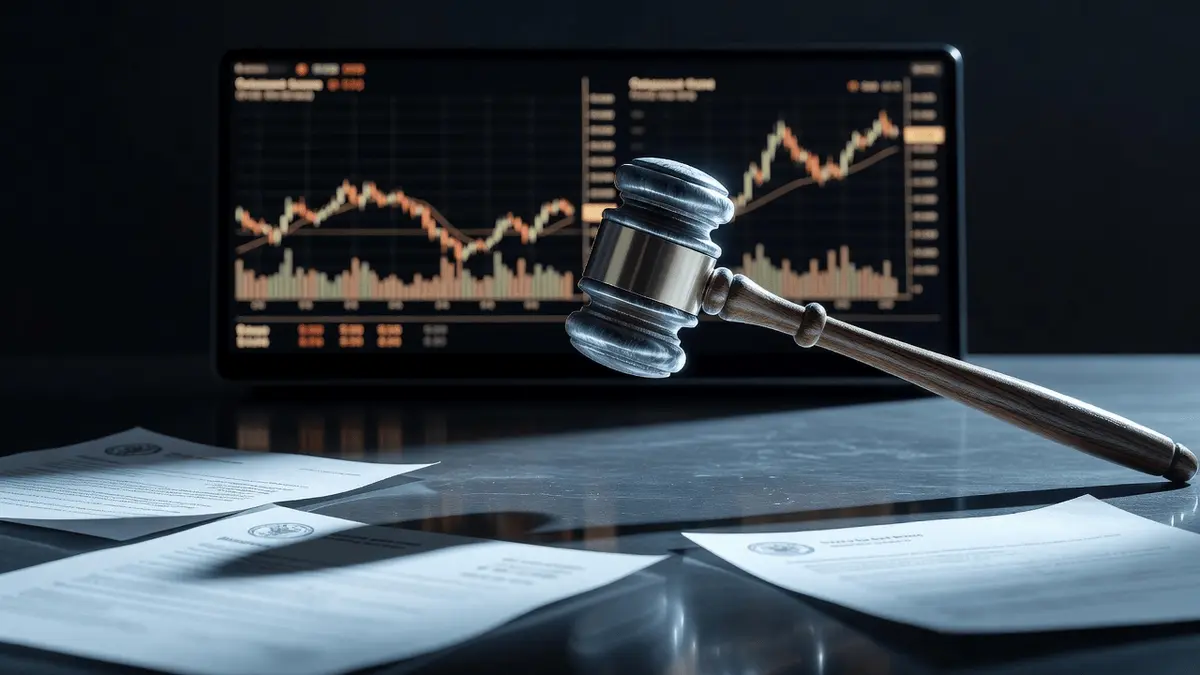 Frozen gavel above trading terminal symbolizing regulatory challenge to Bitcoin options approval