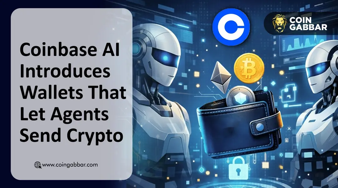 Digital art featuring AI robots, a crypto wallet, and Coinbase, Bitcoin, and Ethereum logos.