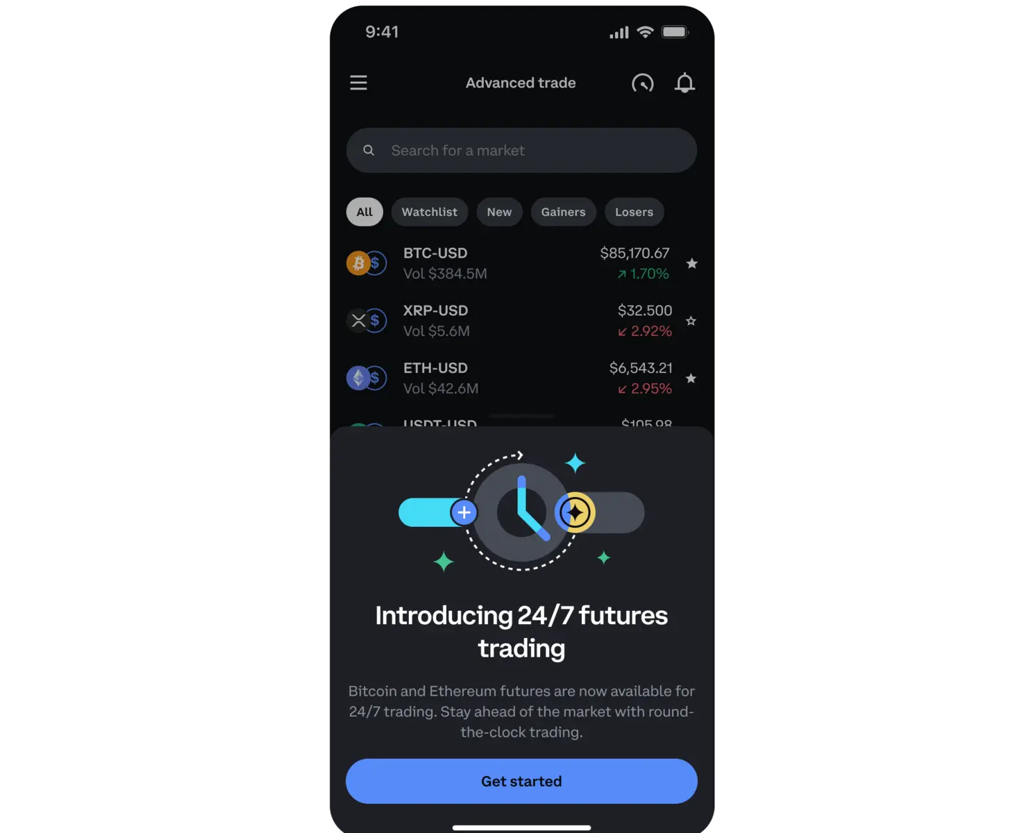 Coinbase app screen showing Advanced Trade interface with a popup introducing 24/7 futures trading