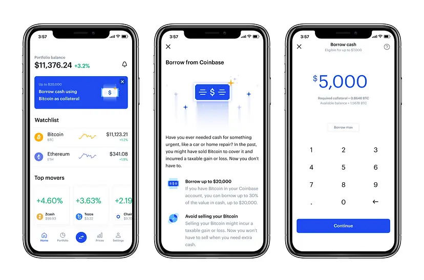 Three screenshots of the Coinbase app showing the 'Borrow from Coinbase' interface and loan amount selection.