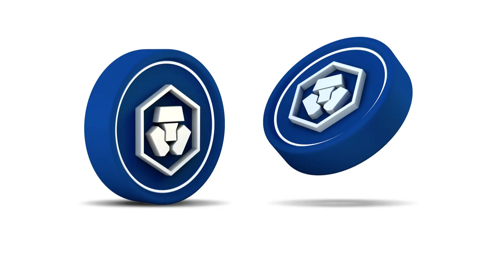 Two 3D rendered blue Cronos cryptocurrency coins featuring the white stylized lion logo