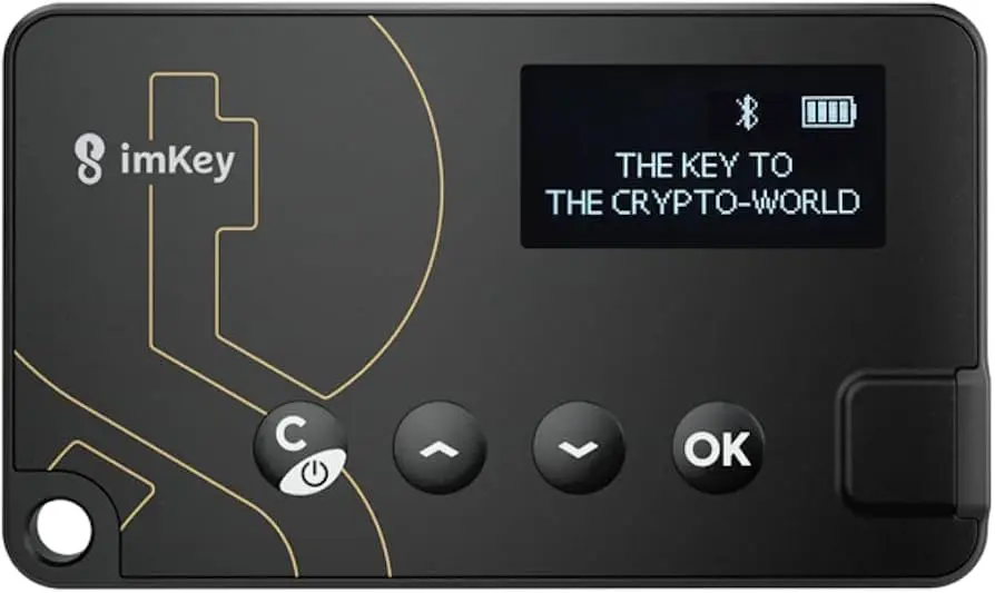 An imKey cryptocurrency hardware wallet featuring a digital screen and four physical control buttons.