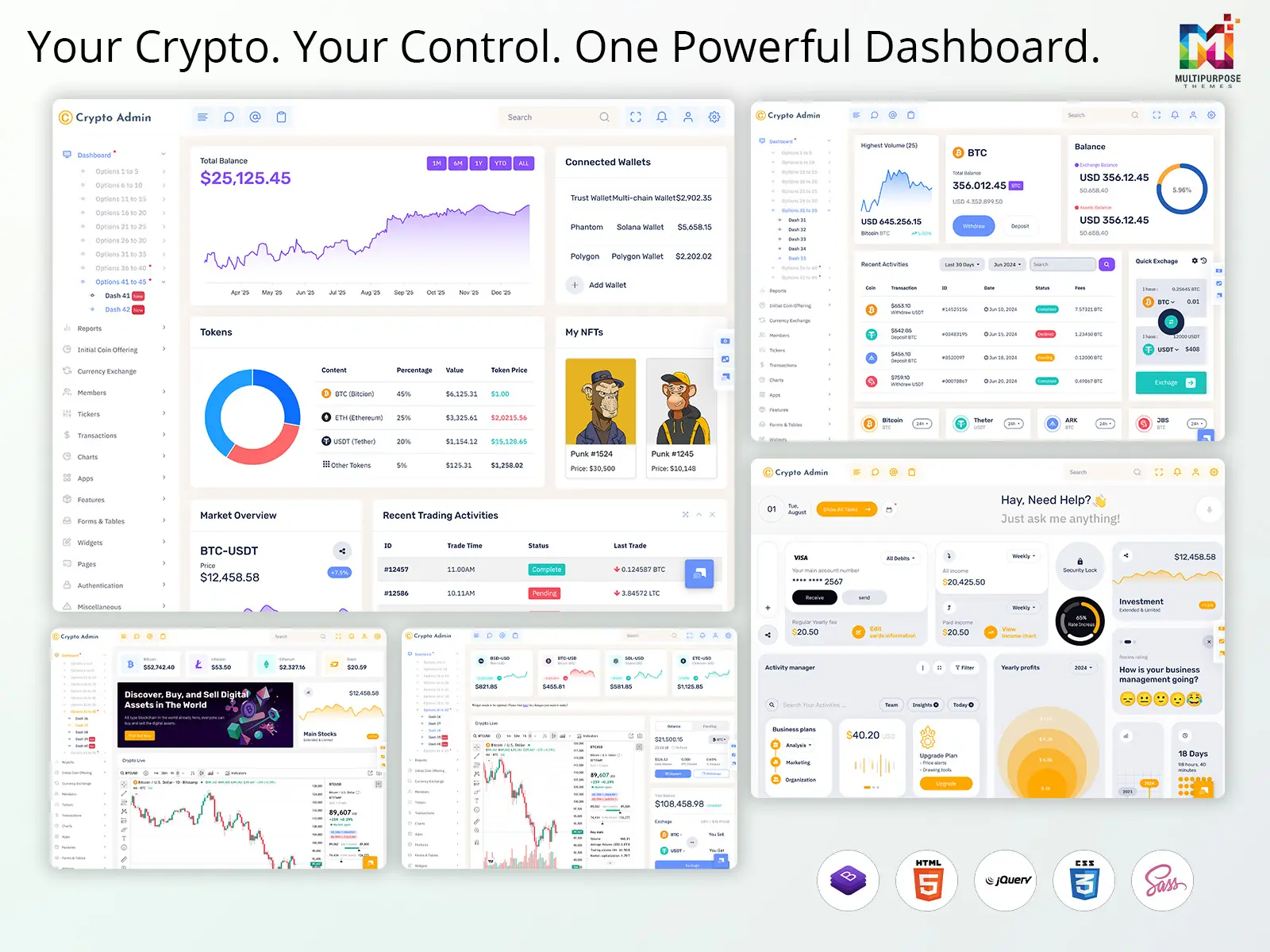 A comprehensive cryptocurrency trading dashboard UI kit featuring price charts, wallet balances, and token portfolios.