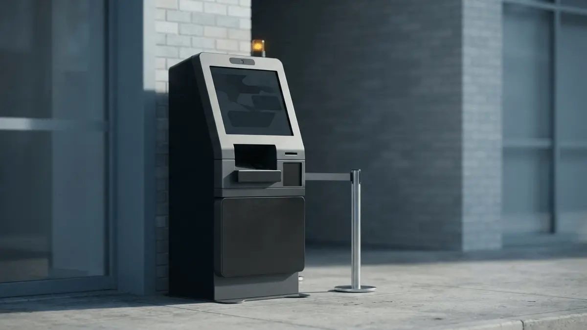 Offline Bitcoin ATM kiosk representing Australia's suspension of Cryptolink's crypto ATM operations