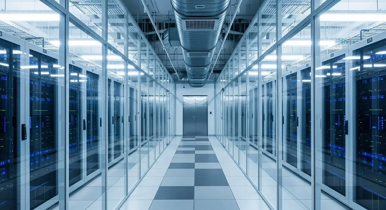 A symmetrical view of a modern data center aisle with server racks featuring glowing blue indicator lights