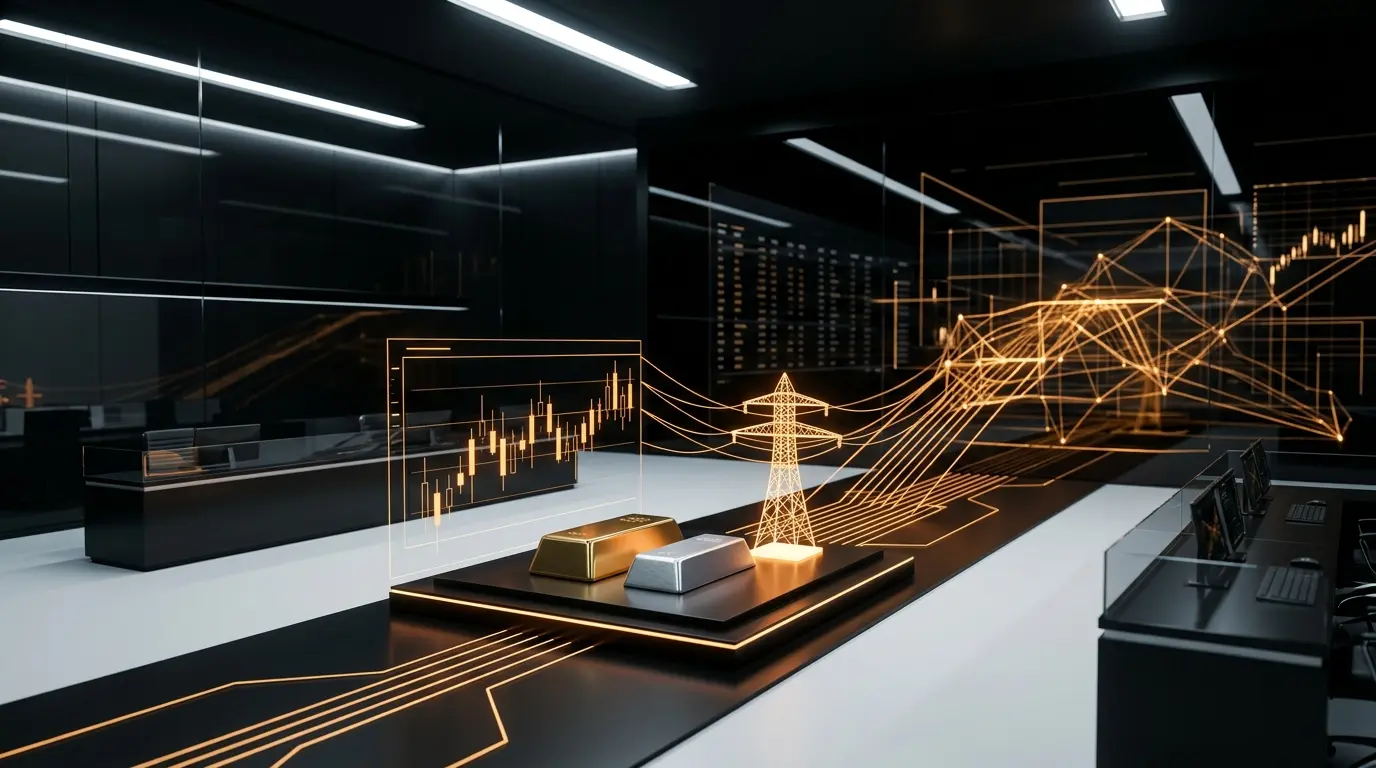 Abstract institutional crypto exchange and tokenization infrastructure with gold, silver and energy assets
