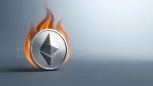 Ethereum coin with digital orange flames representing EIP-8363 validator reward burn mechanism
