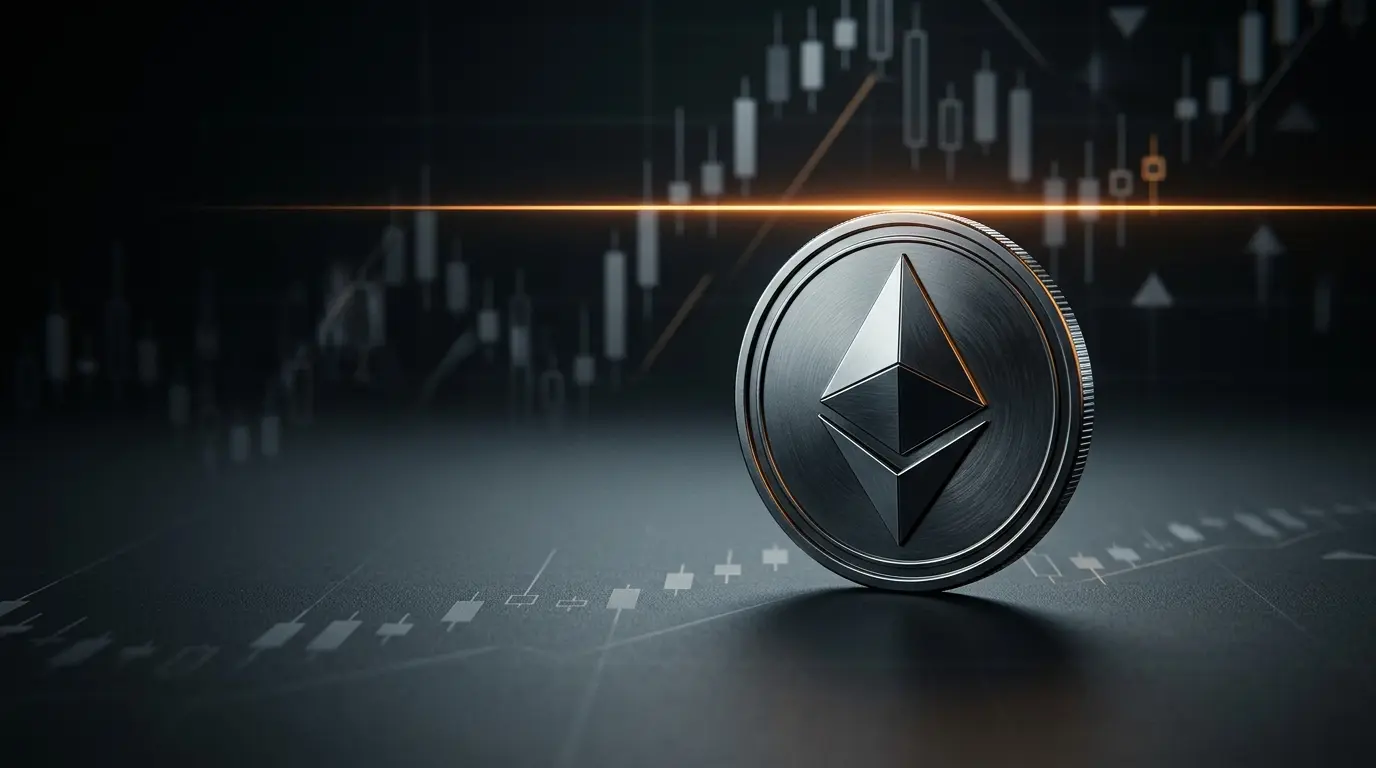 Ethereum coin beneath an orange resistance line, illustrating ETH's ongoing test of the $2,400 level.