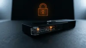 Black cryptocurrency hardware wallet with circuit detail and orange security indicators on dark surface