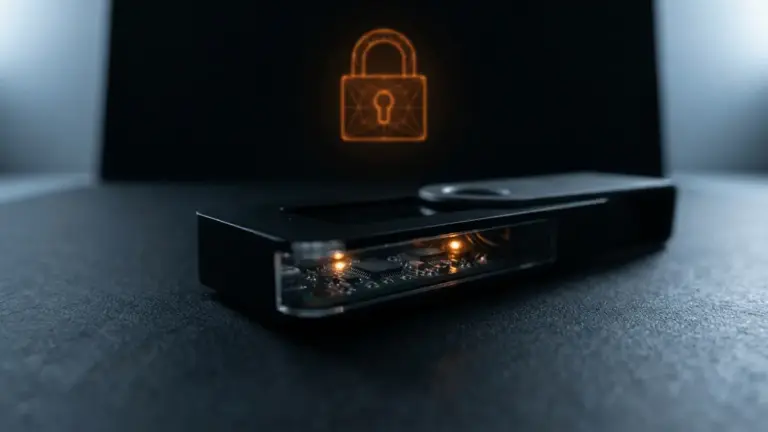 Black cryptocurrency hardware wallet with circuit detail and orange security indicators on dark surface