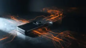Coldcard hardware wallet device with orange data streams suggesting cryptocurrency theft