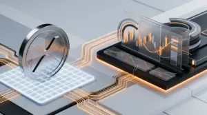 Abstract XRP collateral linked to an onchain options trading interface with orange market-data accents