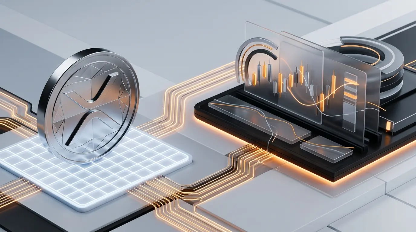 Abstract XRP collateral linked to an onchain options trading interface with orange market-data accents