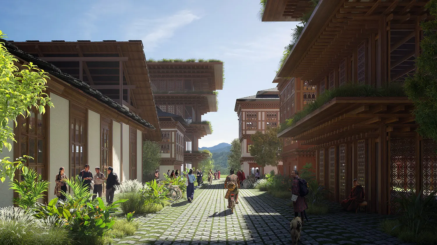 Architectural render of Gelephu Mindfulness City with traditional Bhutanese buildings and green roofs.