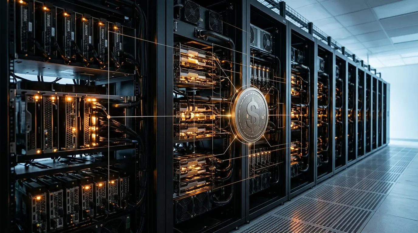 GPU servers in an AI data center representing asset-backed stablecoin financing
