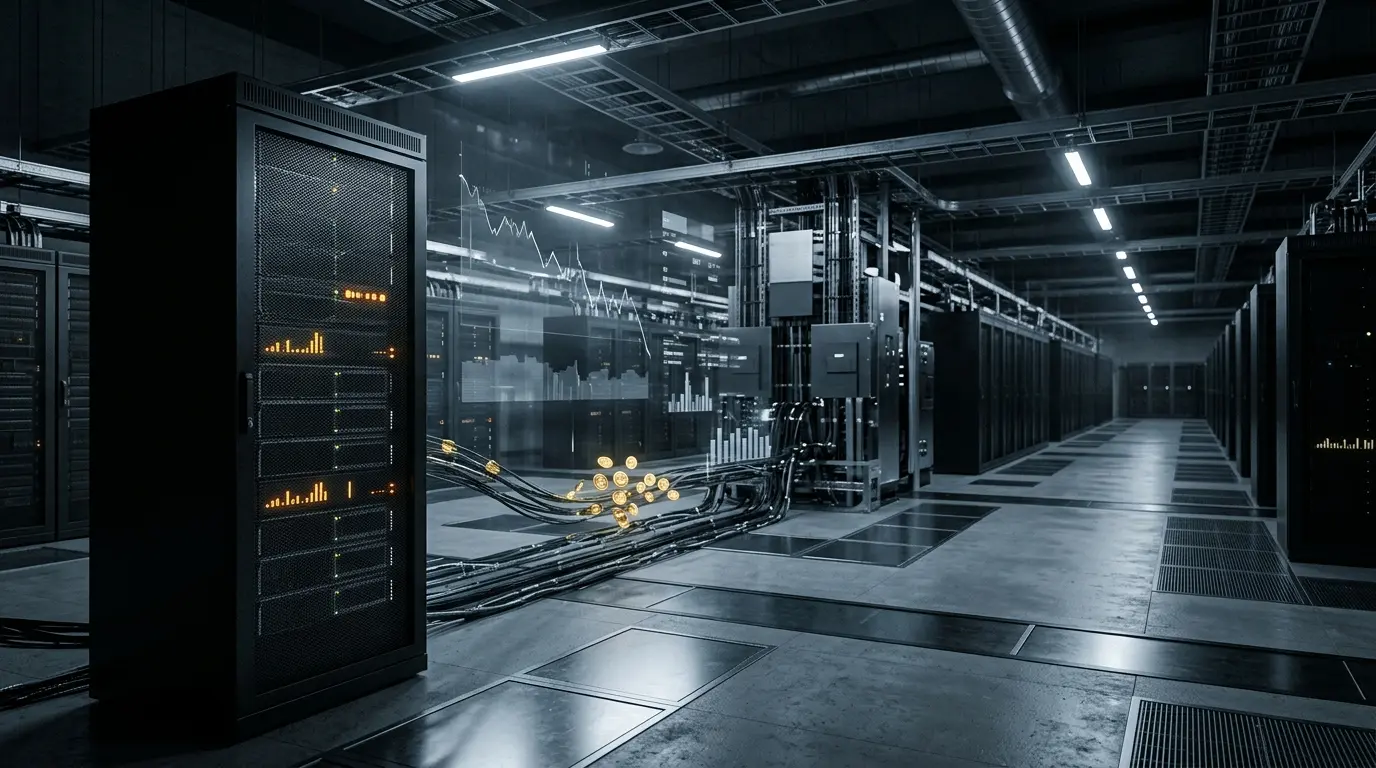 Hyperscale data center server racks with Bitcoin assets and financial pressure visualized in orange light
