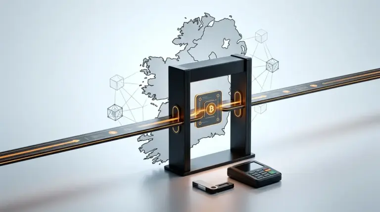 Secure crypto transaction and hardware wallet representing Ireland’s new anti-money-laundering duties