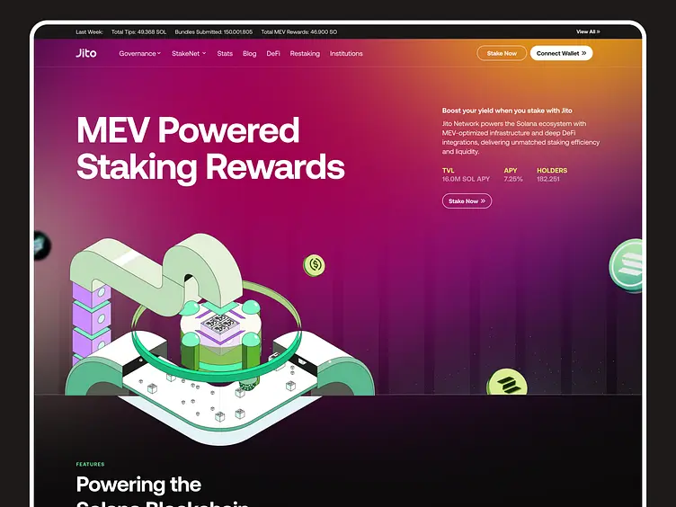Screenshot of the Jito platform homepage featuring MEV Powered Staking Rewards on the Solana blockchain.