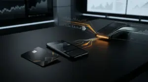 Krak-style crypto debit card and smartphone representing crypto and fiat payments
