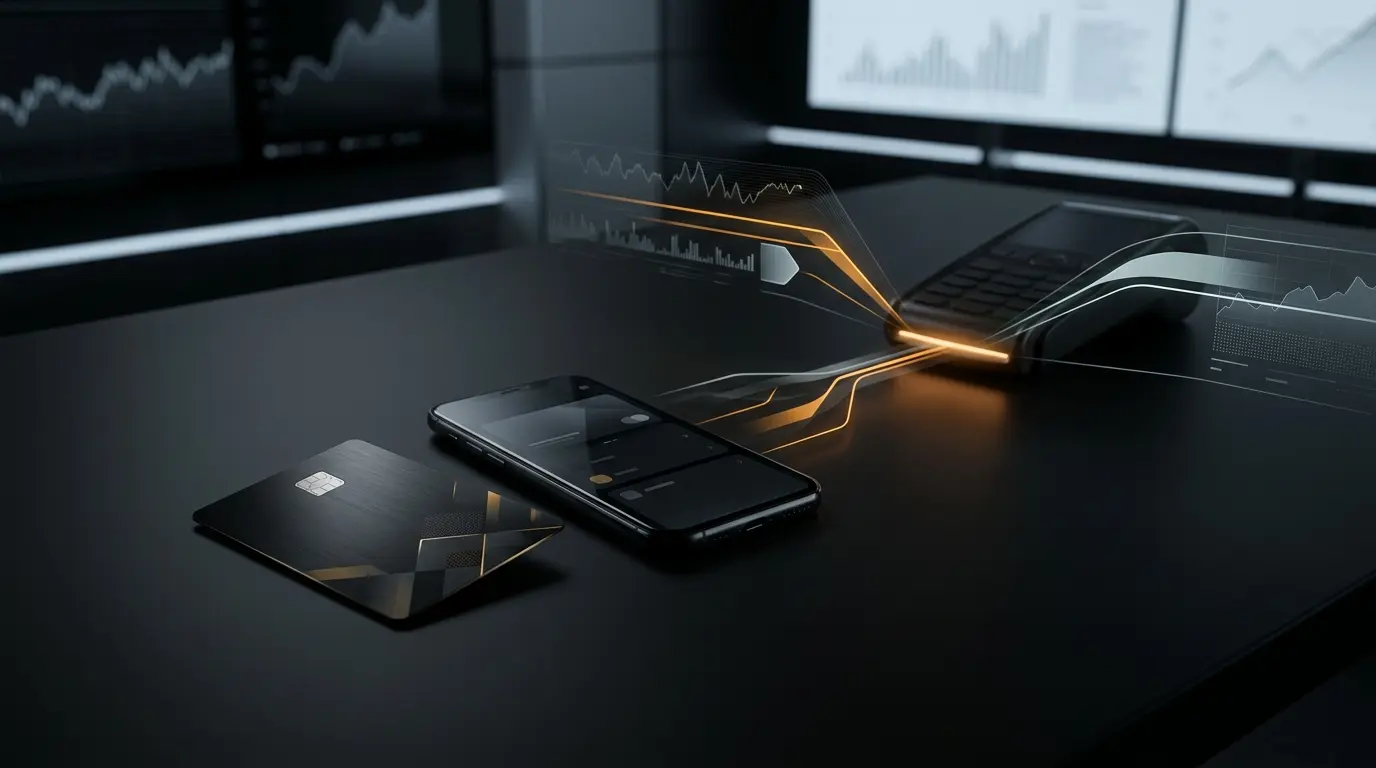 Krak-style crypto debit card and smartphone representing crypto and fiat payments