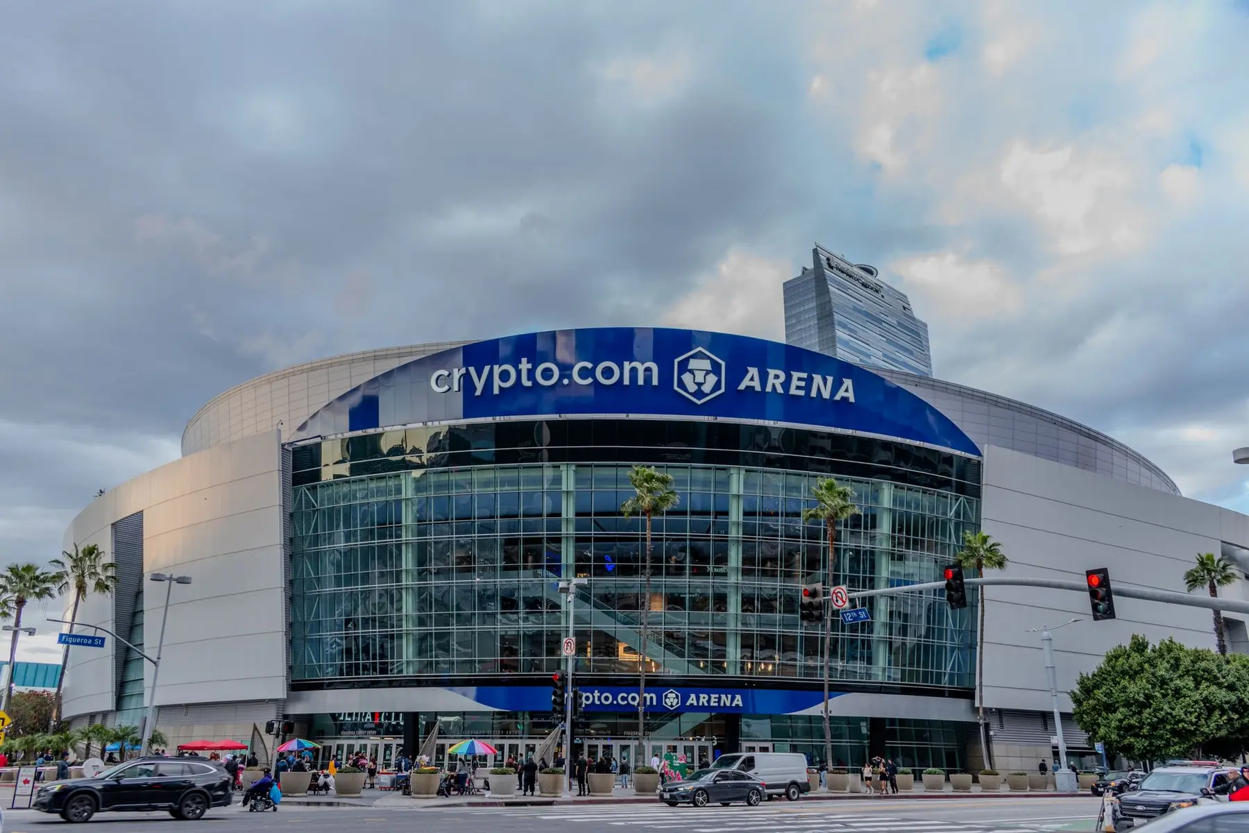 Exterior view of the Crypto.com Arena in Los Angeles under a cloudy sky