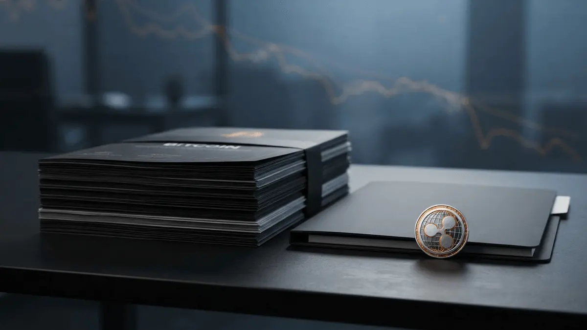 Institutional XRP ETF stake beside larger Bitcoin ETF holdings on a dark financial desk