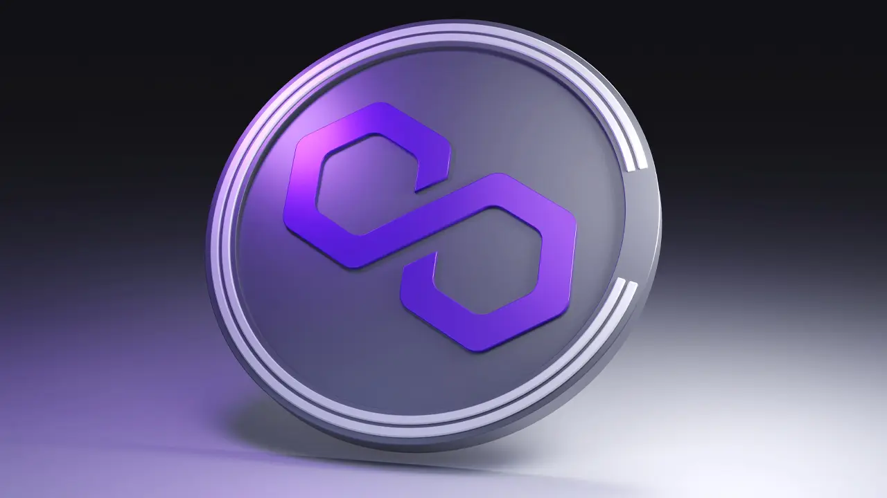 A 3D render of a silver cryptocurrency coin featuring the purple Polygon POL logo