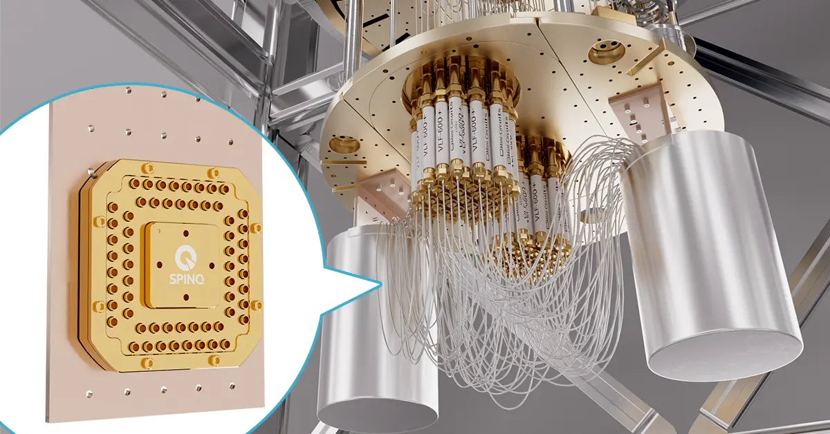 Detailed 3D render of a quantum computing dilution refrigerator with a close-up of a SPINQ quantum processor chip.