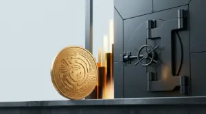 Gold Bitcoin coin beside an institutional treasury vault, symbolizing a possible return to corporate Bitcoin buying