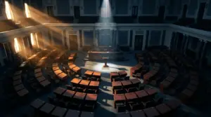 Empty US Senate chamber with dramatic lighting highlighting legislative deadline pressure