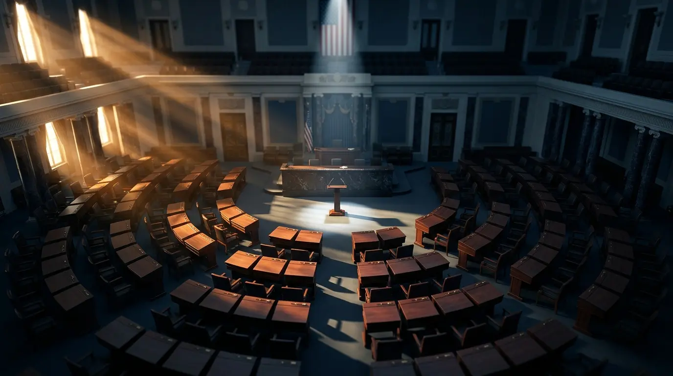 Empty US Senate chamber with dramatic lighting highlighting legislative deadline pressure
