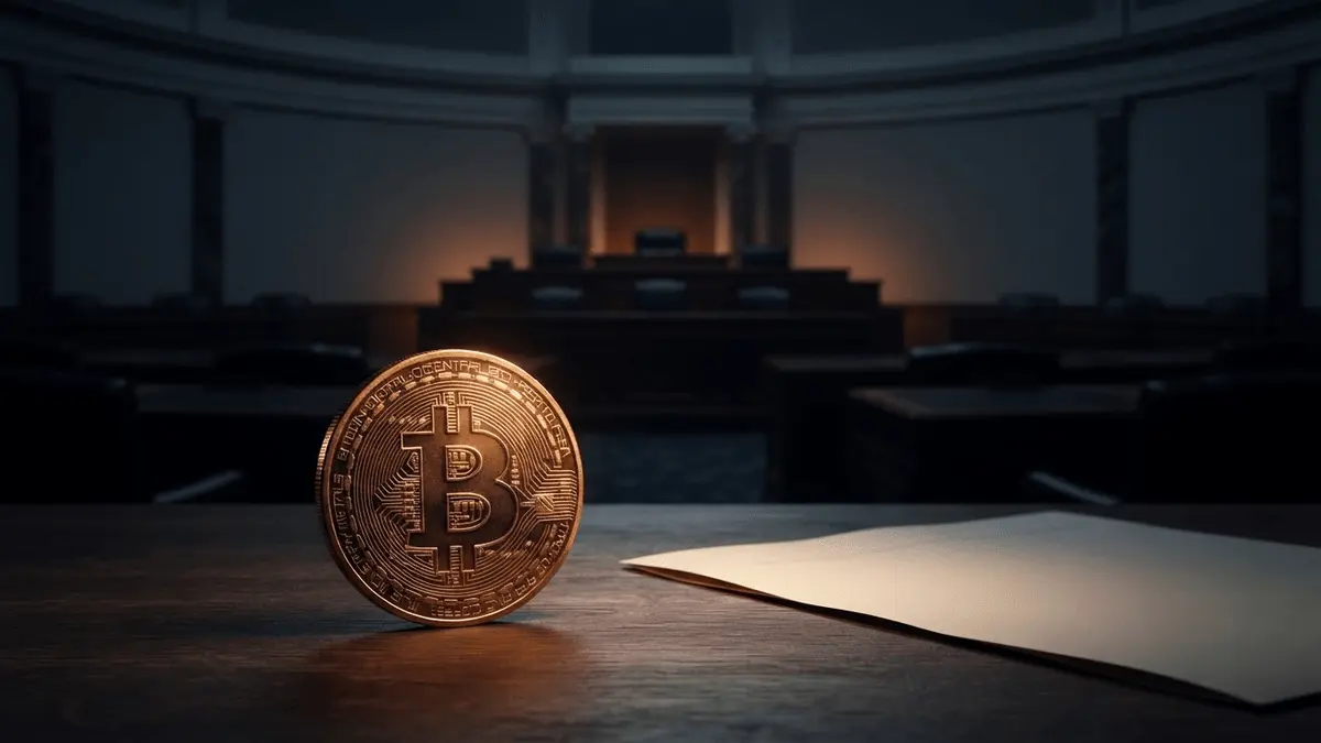 Bitcoin coin beside a shadowed Senate chamber symbolizing a delayed U.S. crypto market-structure vote