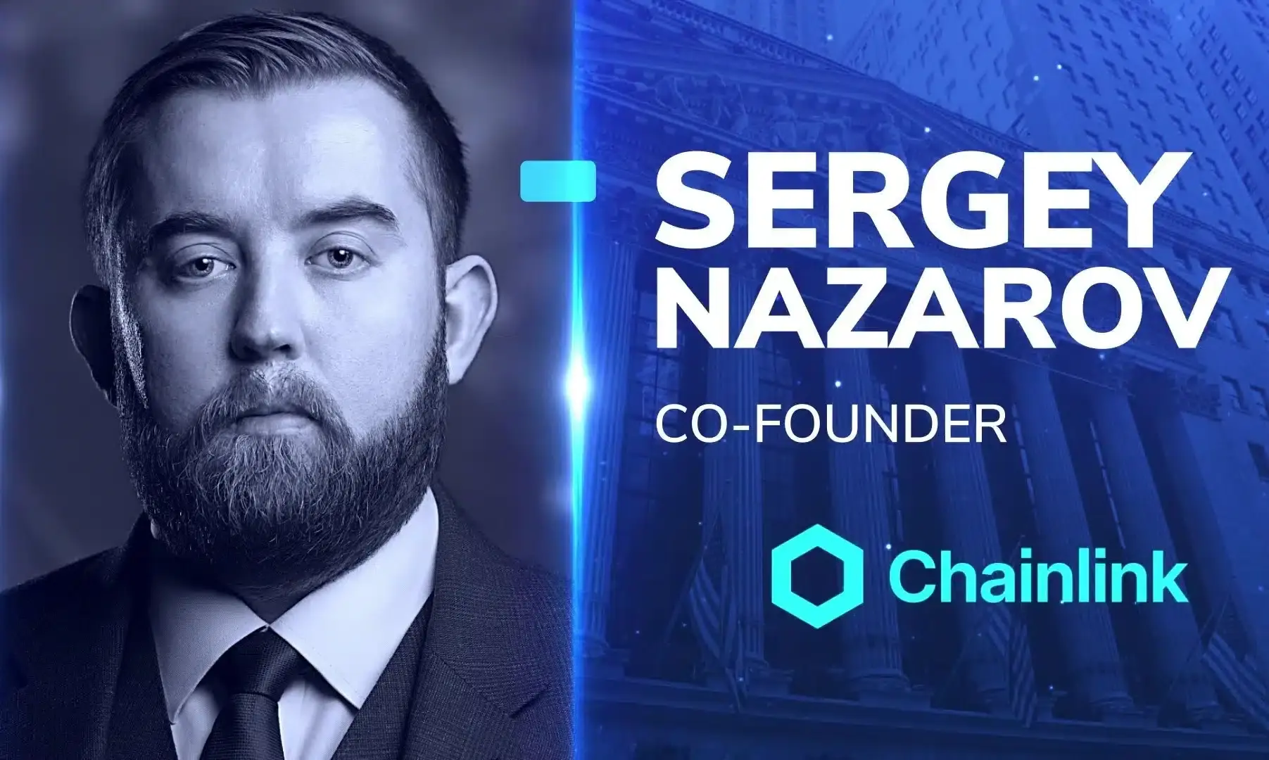 Portrait of Sergey Nazarov, co-founder of Chainlink, with the Chainlink logo and his name in text.
