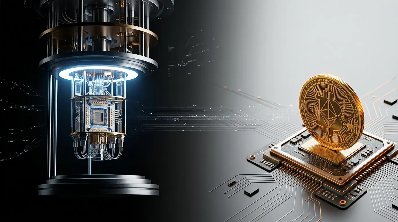 Quantum processor and secure Bitcoin-inspired circuitry illustrating post-quantum protection for the Bitcoin network