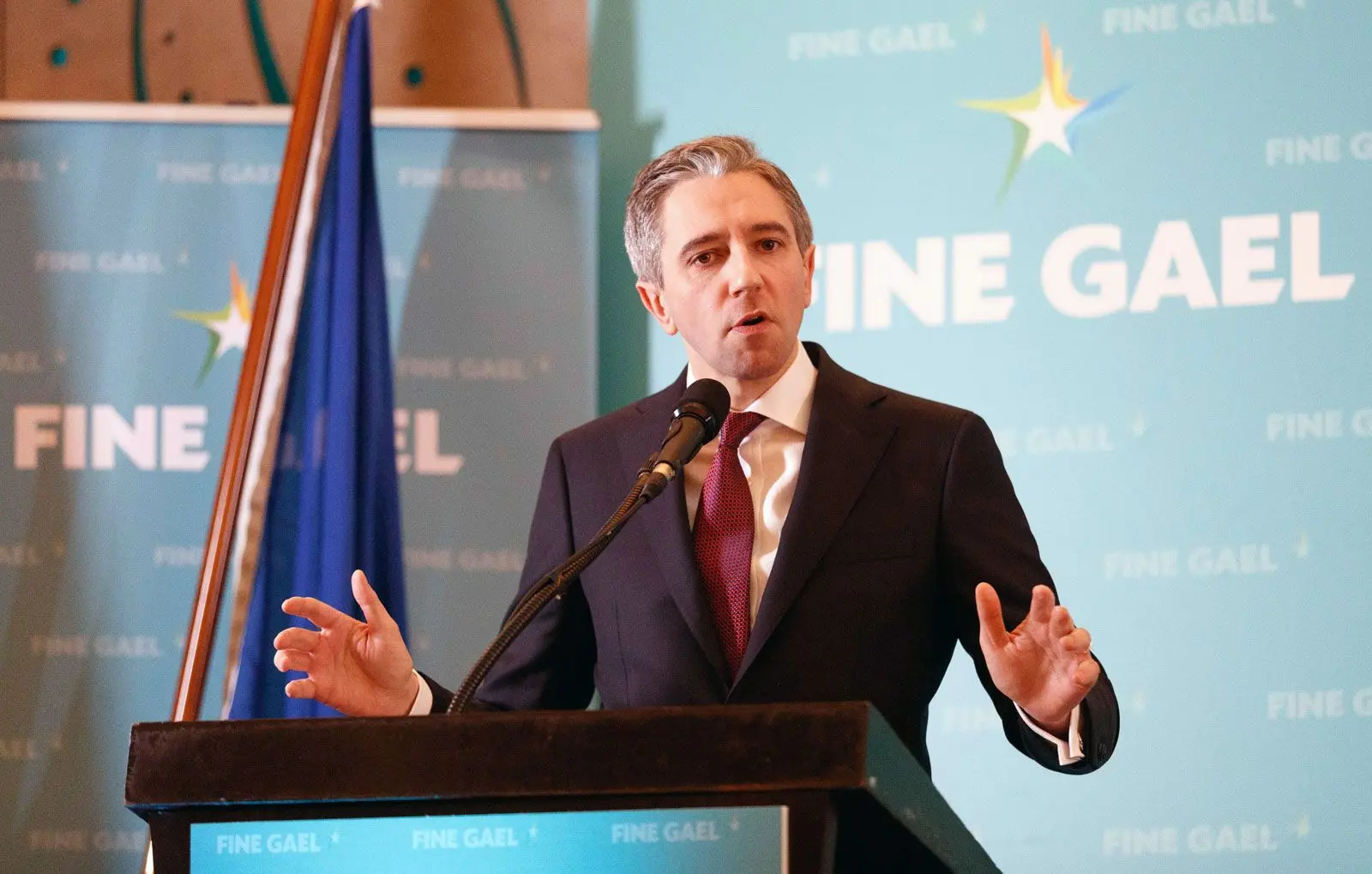 Simon Harris speaking at a podium in front of a Fine Gael backdrop