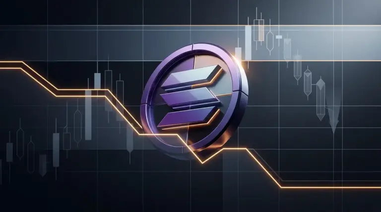Solana-inspired crypto asset breaking above a descending technical trendline on a dark market chart
